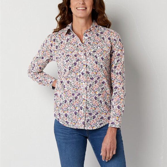 St John's Bay women's blue and coral floral button front shirt w/pockets size L - Picture 2 of 15
